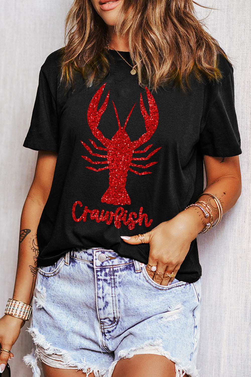 Black Shimmering Crawfish Graphic Tee Graphic Tees JT's Designer Fashion