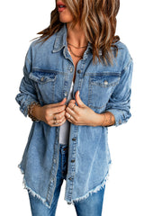 Sky Blue Pocket Raw Hem Buttoned Denim Jacket Denim Jackets JT's Designer Fashion