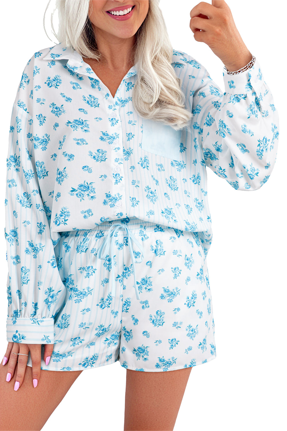 Sky Blue Floral Striped Print Contrast Patched Pocket Shirt and Shorts Set Short Sets JT's Designer Fashion