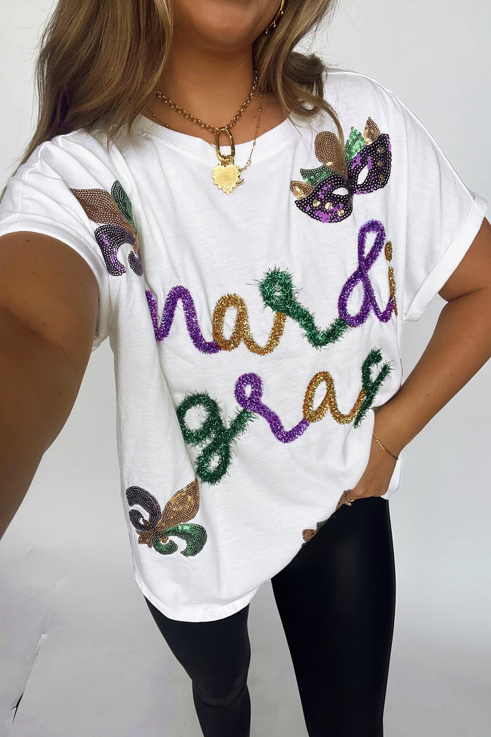 White Mardi Gras Tinsel Sequin Graphic T Shirt Graphic Tees JT's Designer Fashion
