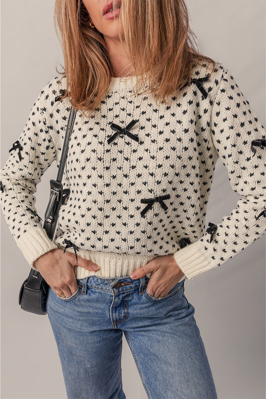 Beige Bow Decor Color Contrast Ribbed Edge Crew Neck Sweater Beige 100%Acrylic Sweaters JT's Designer Fashion