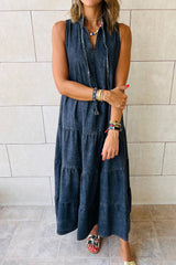 Real Teal Sleeveless Tiered Chambray Maxi Dress Dresses JT's Designer Fashion