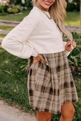 Beige Plaid Patchwork High Waist Sweatshirt Mini Dress Mini Dresses JT's Designer Fashion