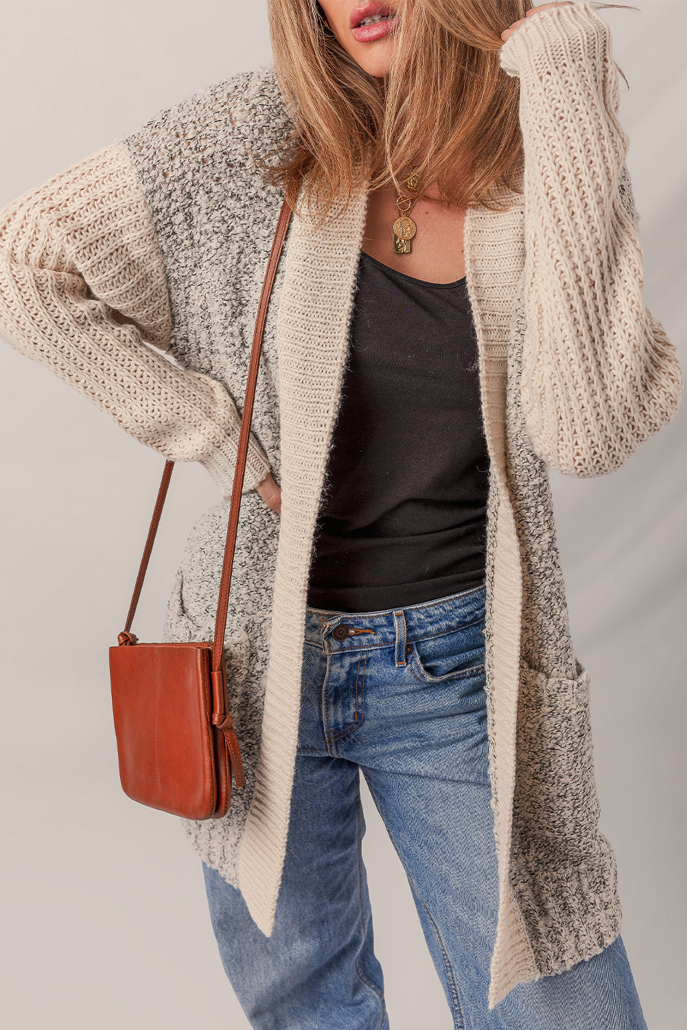 Color Block Side Pockets Open Front Cardigan Cardigans JT's Designer Fashion