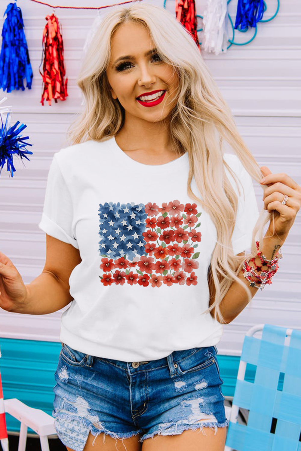 White Star Floral American Flag Printed T Shirt Graphic Tees JT's Designer Fashion