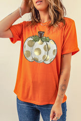 Orange Thanksgiving Pumpkin Pattern Crew Neck Short Sleeve Top Graphic Tees JT's Designer Fashion