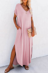 Pink V Neck Hidden Pocket Splits Maxi T-shirt Dress Pink 65%Polyester+30%Viscose+5%Elastane T Shirt Dresses JT's Designer Fashion