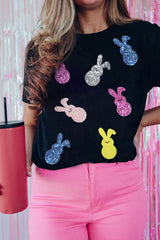 Black Sequin Bunny Doll Graphic Easter Day T Shirt Graphic Tees JT's Designer Fashion