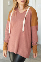 Brown Waffle Knit Patchwork Drawstring V Neck Hoodie Sweatshirts & Hoodies JT's Designer Fashion