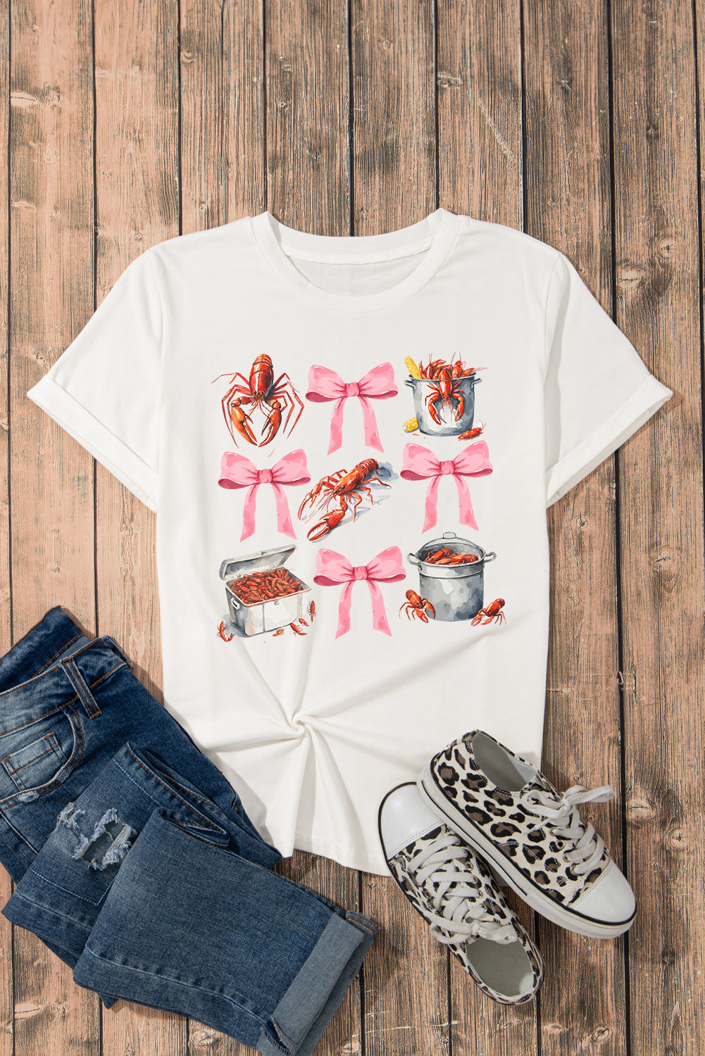 White Crawfish Boil Bow Graphic Crewneck Tee Graphic Tees JT's Designer Fashion