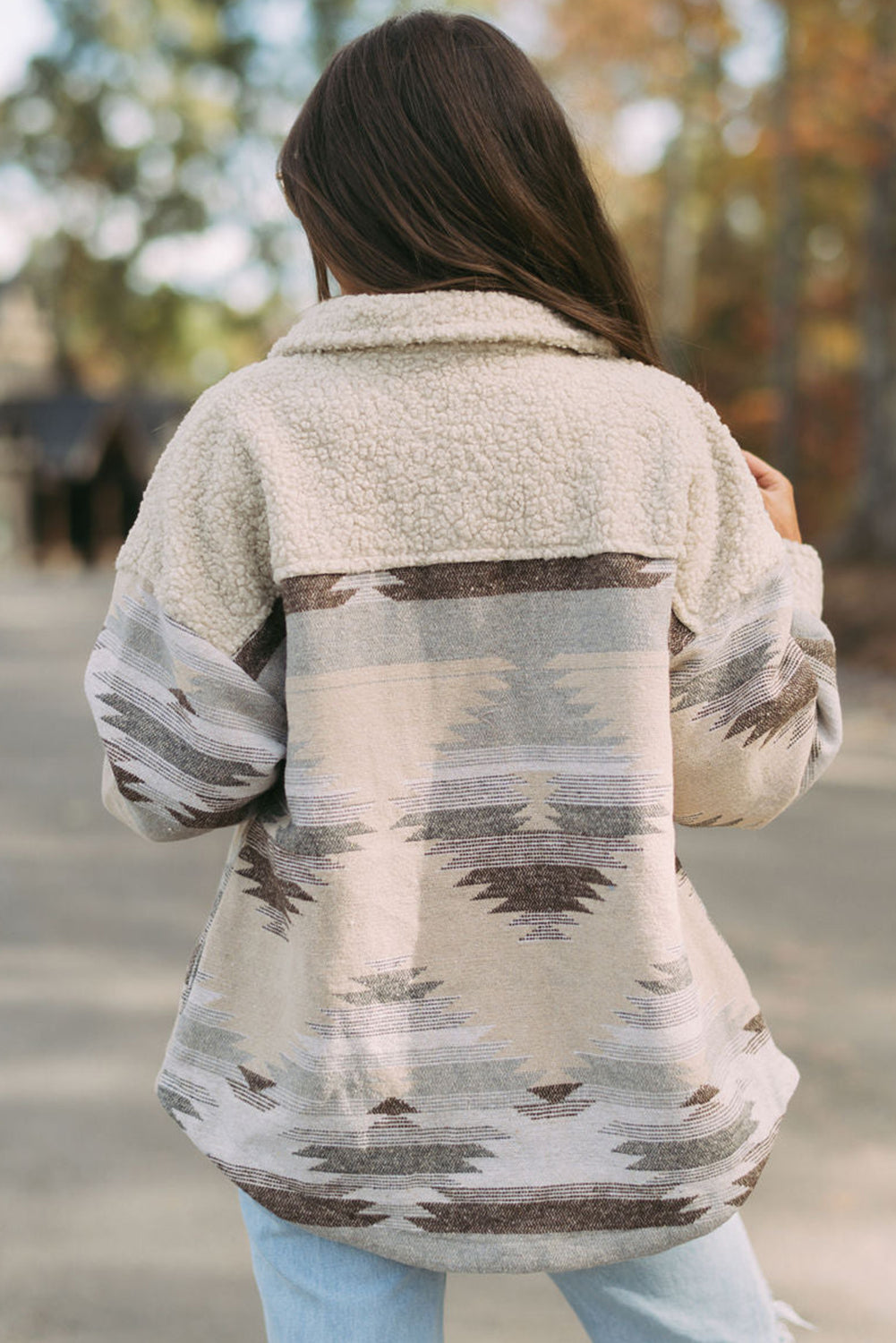 Khaki Western Aztec Print Sherpa Splicing Buttoned Flap Pocket Coat Jackets JT's Designer Fashion