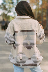 Khaki Western Aztec Print Sherpa Splicing Buttoned Flap Pocket Coat Jackets JT's Designer Fashion