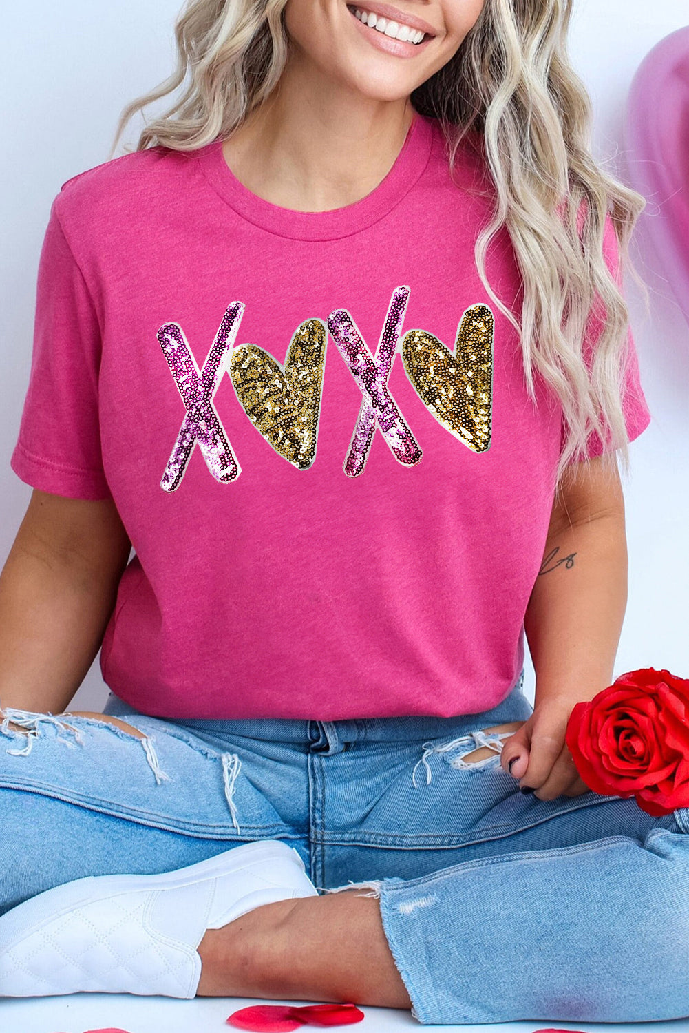 Rose Red Heart XOXO Graphic Crewneck Valentines T Shirt Graphic Tees JT's Designer Fashion