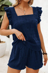 Dirty blue Textured Square Neck Top and Shirred High Waist Shorts Set Short Sets JT's Designer Fashion