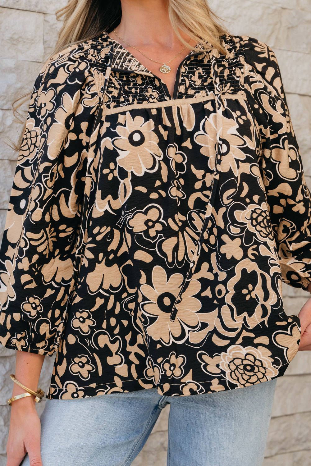 Black Floral Shirred Yoke Bracelet Sleeve Split Neck Boho Blouse Blouses & Shirts JT's Designer Fashion