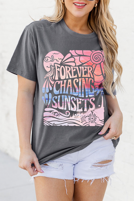 Gray FOREVER CHASING SUNSETS Graphic Summer T Shirt Graphic Tees JT's Designer Fashion