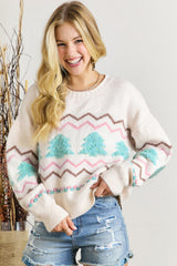 White Striped Christmas Tree Ribbed Trim Drop Shoulder Sweater Sweaters JT's Designer Fashion