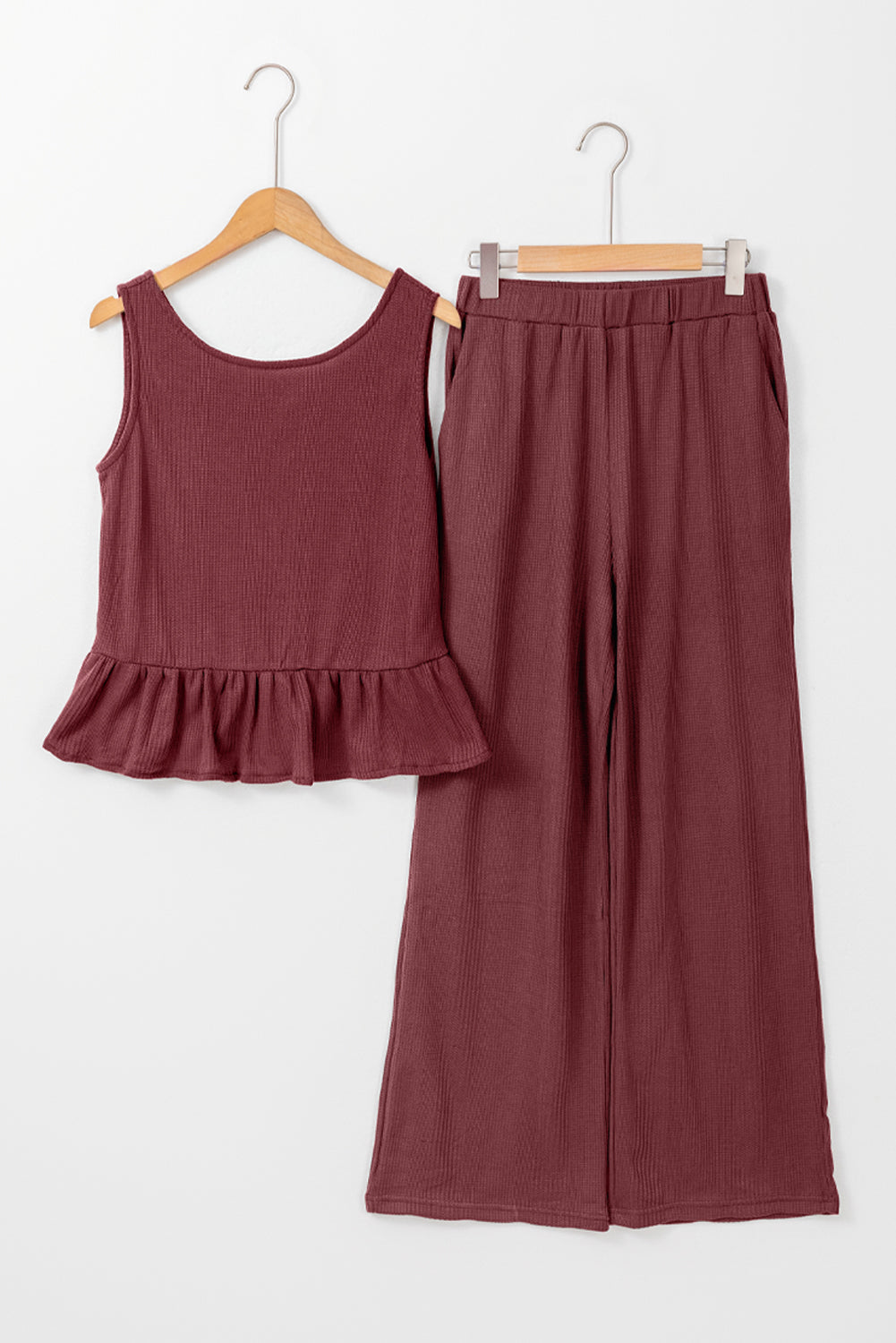 Red Dahlia Solid Color Ribbed Ruffle Tank Top and Pants Set Pant Sets JT's Designer Fashion
