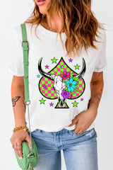 White Checkered Steer Head Spade Print Crew Neck T Shirt Graphic Tees JT's Designer Fashion