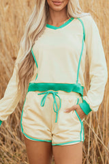 White Contrast Trim Colorblock Long Sleeve Pullover and Drawstring Shorts 2pcs Outfit Short Sets JT's Designer Fashion