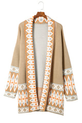 Khaki Aztec Print Open Front Knitted Cardigan Sweaters & Cardigans JT's Designer Fashion