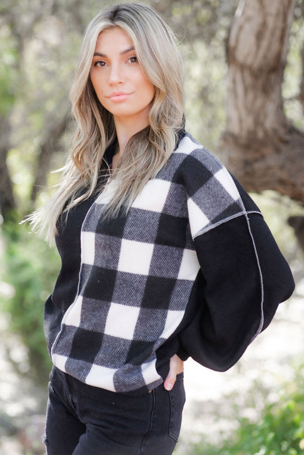 Black Checkboard Patchwork Exposed Stitching Collared Top Long Sleeve Tops JT's Designer Fashion