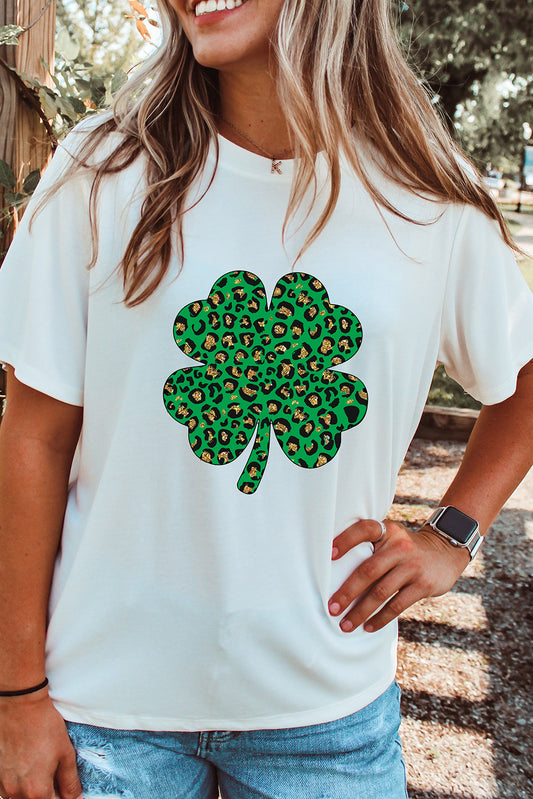 White Leopard Four Leaf Clover Graphic Tee Graphic Tees JT's Designer Fashion