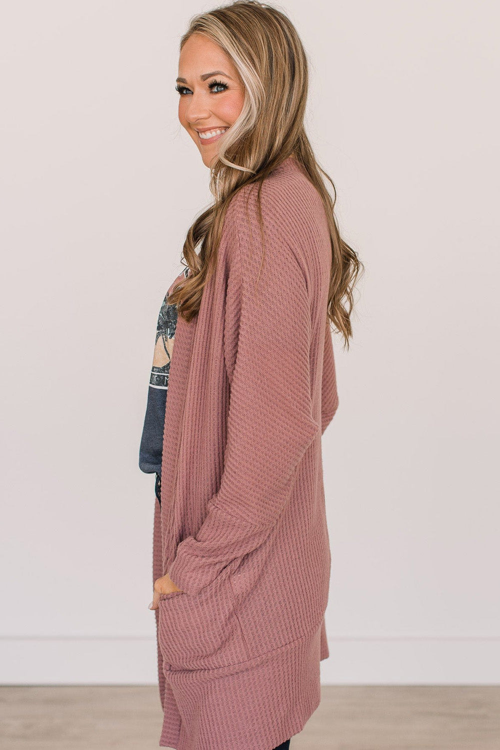 Mineral Red Solid Color Waffle Knit Cardigan with Pocket Cardigans JT's Designer Fashion