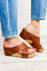 Chestnut Toe Ring Cross Cutout Studded Wedge Slippers Slippers JT's Designer Fashion
