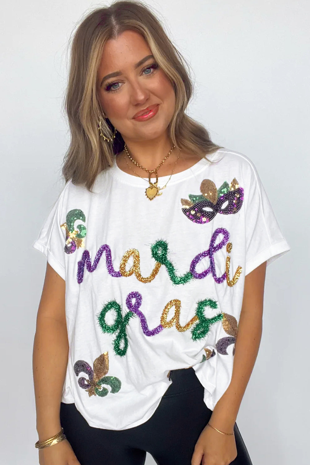White Mardi Gras Tinsel Sequin Graphic T Shirt Graphic Tees JT's Designer Fashion