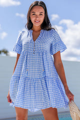 Sky Blue Gingham Short Sleeve Button Tie Split Neck Loose Mini Dress Mini Dresses JT's Designer Fashion
