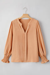 Straw Yellow Solid Color Shirred Cuff Notch V Neck Blouse Blouses & Shirts JT's Designer Fashion