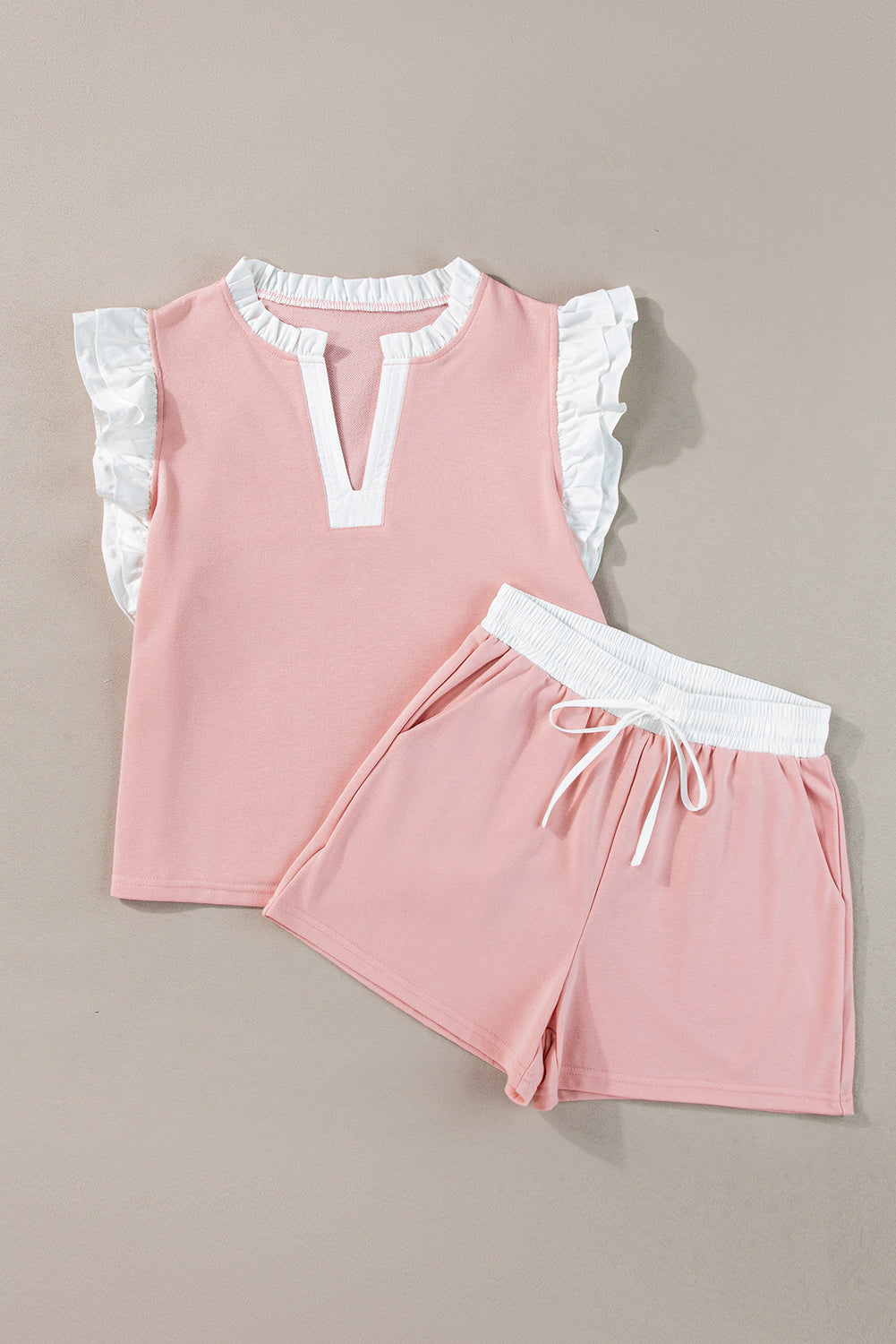 Light Pink Contrast Trim Ruffled Top and Drawstring Shorts Set Short Sets JT's Designer Fashion