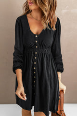 Black Button Up High Waist Long Sleeve Dress Midi Dresses JT's Designer Fashion