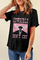 Black COWGIRL DONT CRY Steer Head Print Short Sleeve Top Graphic Tees JT's Designer Fashion
