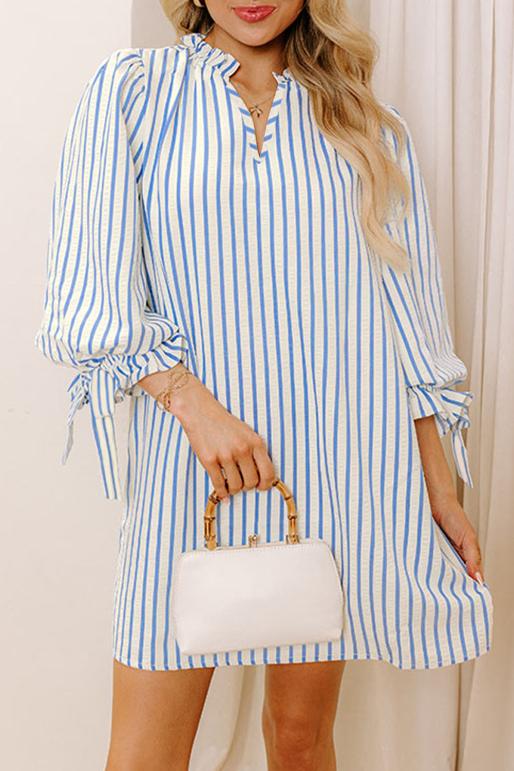 Sky Blue Stripe Knotted Bracelet Sleeve Notched Neck Shift Mini Dress Sky Blue Stripe 100%Polyester Mini Dresses JT's Designer Fashion