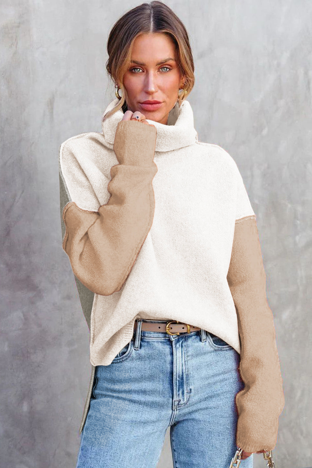 White Color Block Turtle Neck Drop Shoulder Knit Sweater Sweaters JT's Designer Fashion