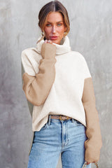 White Color Block Turtle Neck Drop Shoulder Knit Sweater Sweaters JT's Designer Fashion