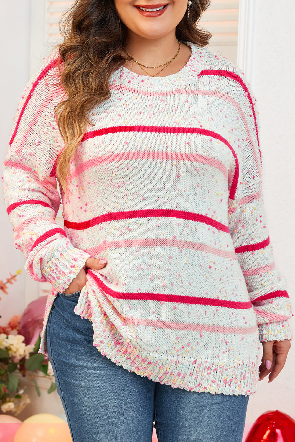 Pink Stripe Drop Shoulder Side Split Plus Size Sweater Plus Size Sweaters & Cardigans JT's Designer Fashion