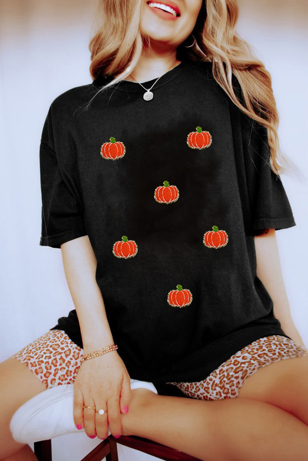 Black Chenille Pumpkin Patched Casual Cotton Blend T Shirt Graphic Tees JT's Designer Fashion