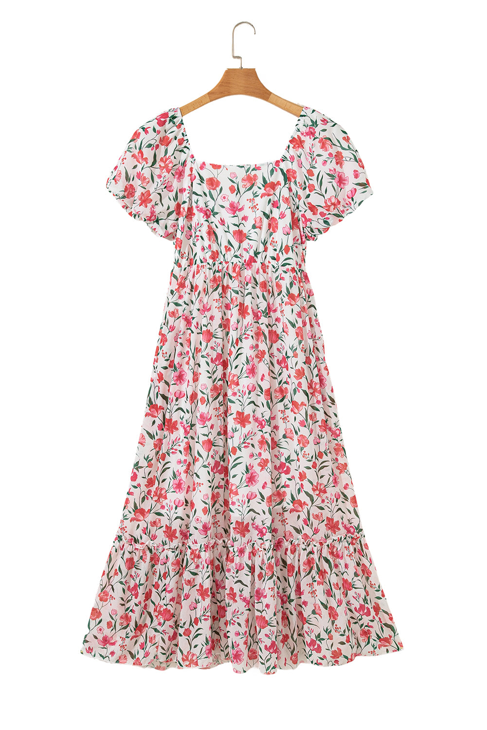 Pink Floral Puff Sleeve Square Neck Empire Waist Tiered Maxi Dress Floral Dresses JT's Designer Fashion