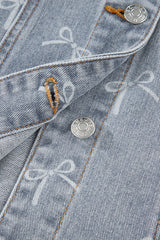 Sky Blue Bow Knot Print Light Wash Raw Hem Denim Jacket Denim Jackets JT's Designer Fashion