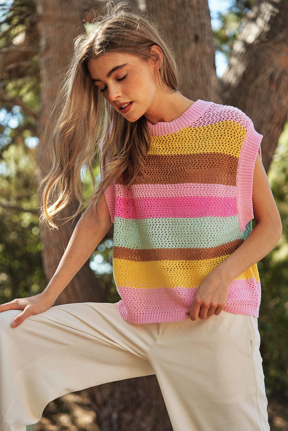Pink Stripe Hollowed Crochet Cap Sleeve Loose Fit Sweater T Shirt Sweaters & Cardigans JT's Designer Fashion