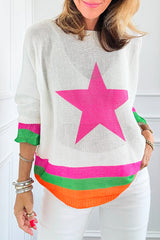 White Star Pattern Colorblock Striped Edge Drop Shoulder Sweater Sweaters JT's Designer Fashion