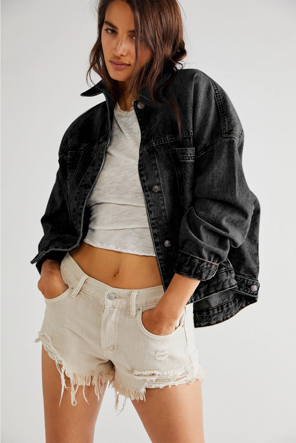 Black Washed Oversize Pocketed Denim Jacket Denim Jackets JT's Designer Fashion