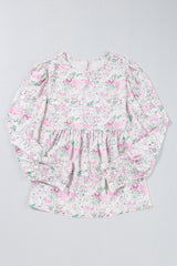 Pink Floral Print Shirred Balloon Sleeve Keyhole Back Babydoll Blouse Blouses & Shirts JT's Designer Fashion