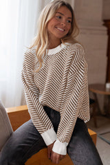 Coffee Contrast Edge Crew Neck Drop Shoulder Sweater Sweaters JT's Designer Fashion