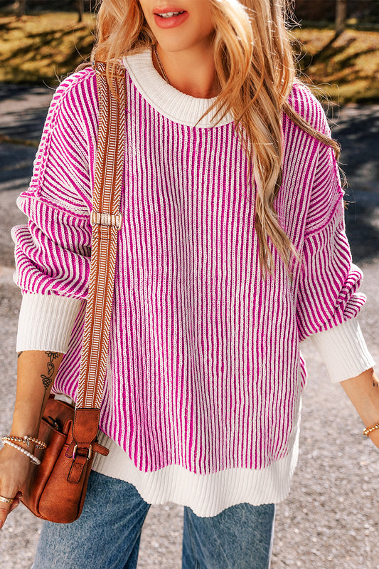 Bright Pink Striped Textured Knit Contrast Edge Loose Sweater Bright Pink 100%Polyester Sweaters JT's Designer Fashion