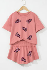 Blossom Sequined Lobster Patched Crop Tee and High Waist Short Set Graphic Sets JT's Designer Fashion