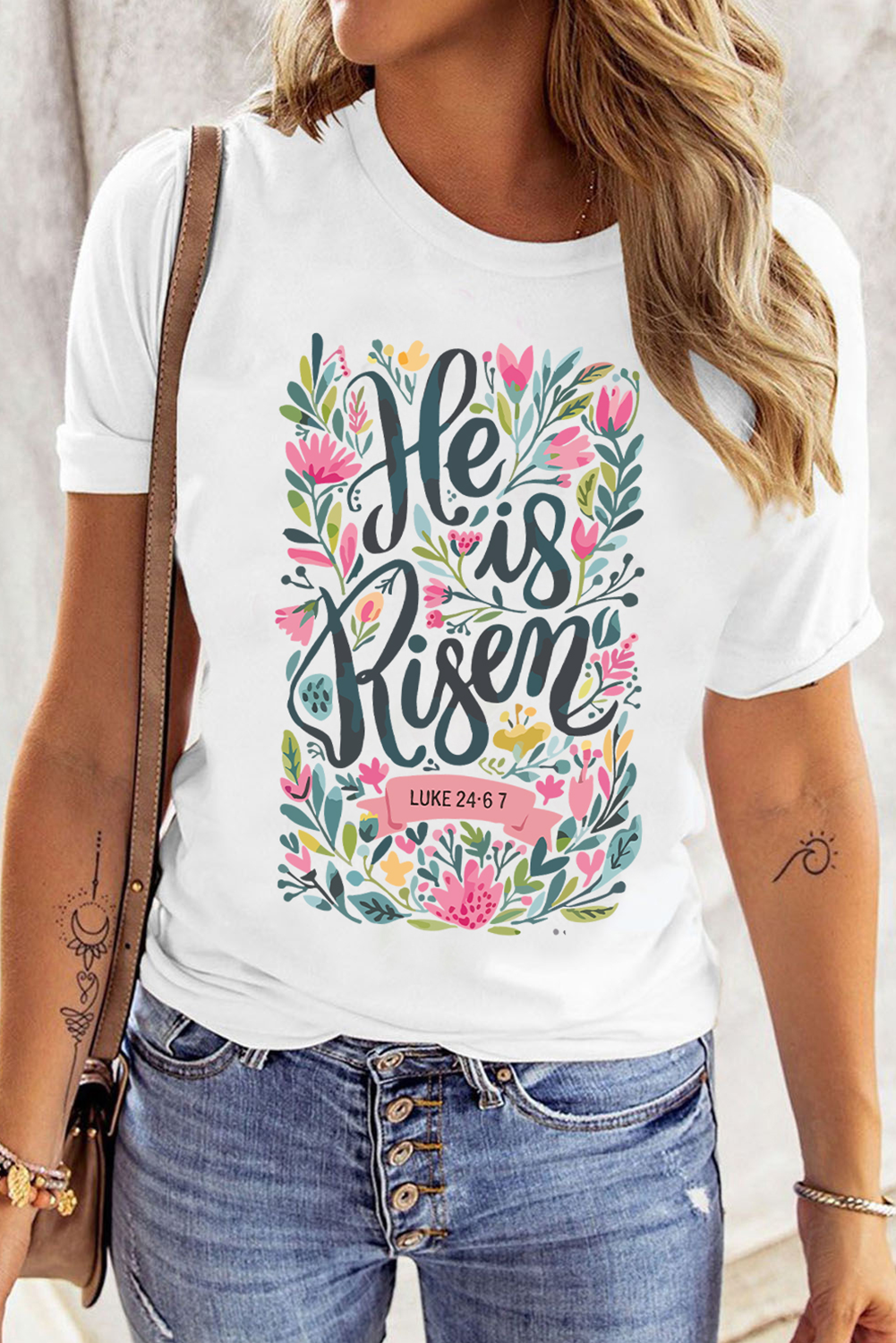 White He is Risen Floral Printed T Shirt Graphic Tees JT's Designer Fashion